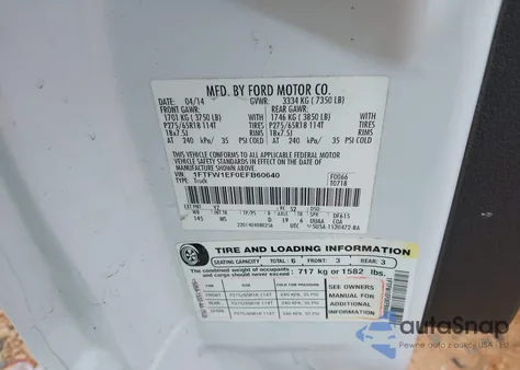 2014 Ford F-150 Xlt из США, поврежденный, VIN 1FTFW1EF0EFB60640